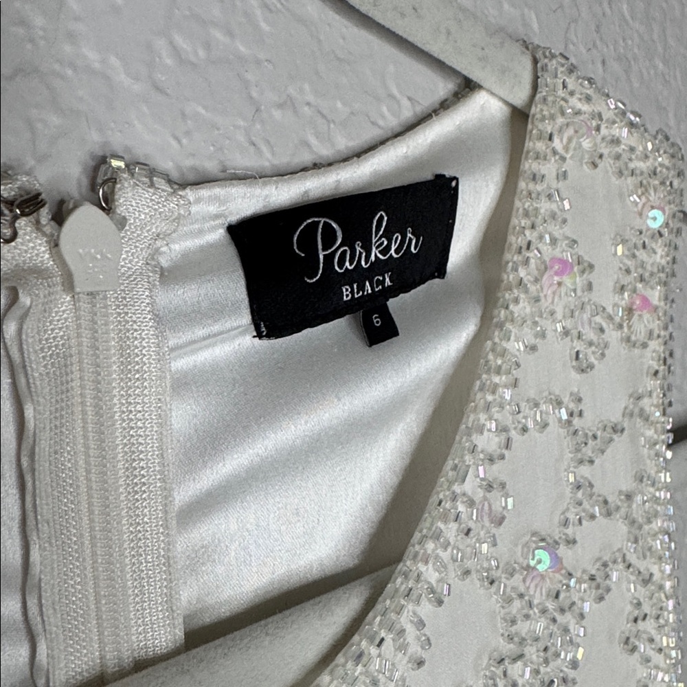 Parker Black White Ivory Mini Dress Size 6 Silk Beaded Bridal Wedding Elegant - Picture 7 of 11